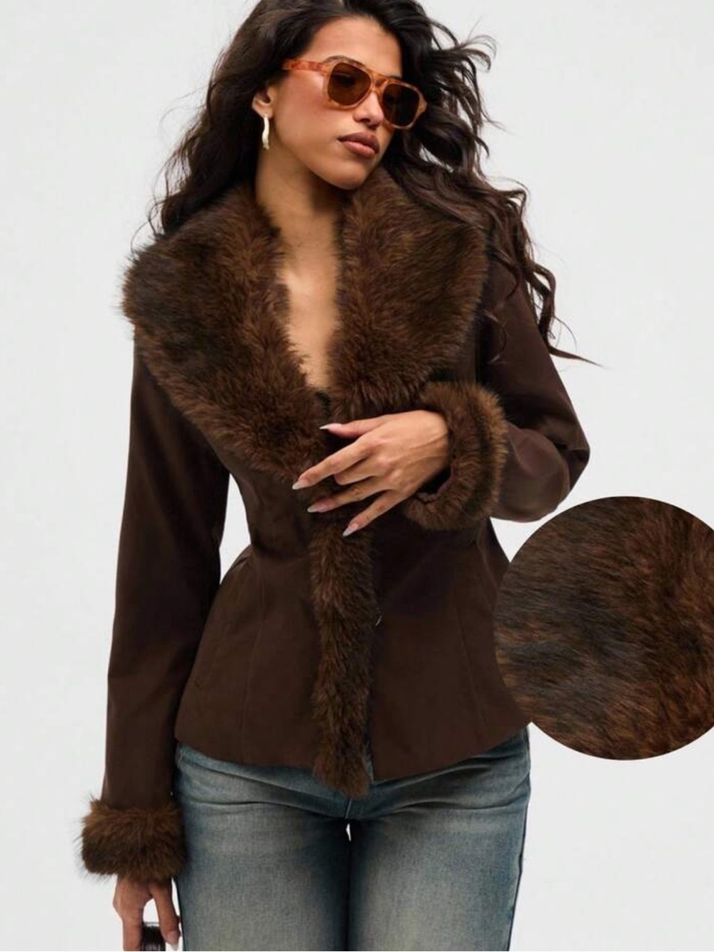 Women's Retro Faux Fur Patchwork Coat,Dark Brown Winter Elegant Everyday
